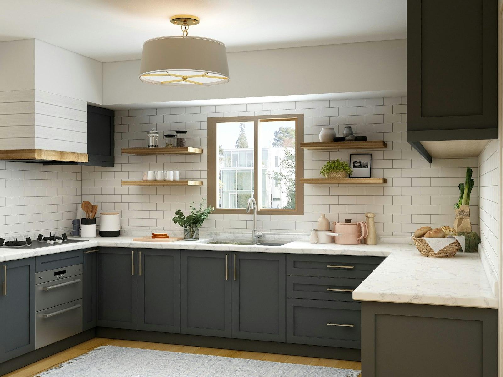 Remodeled kitchen with oak floors and a white subway-tile backsplash