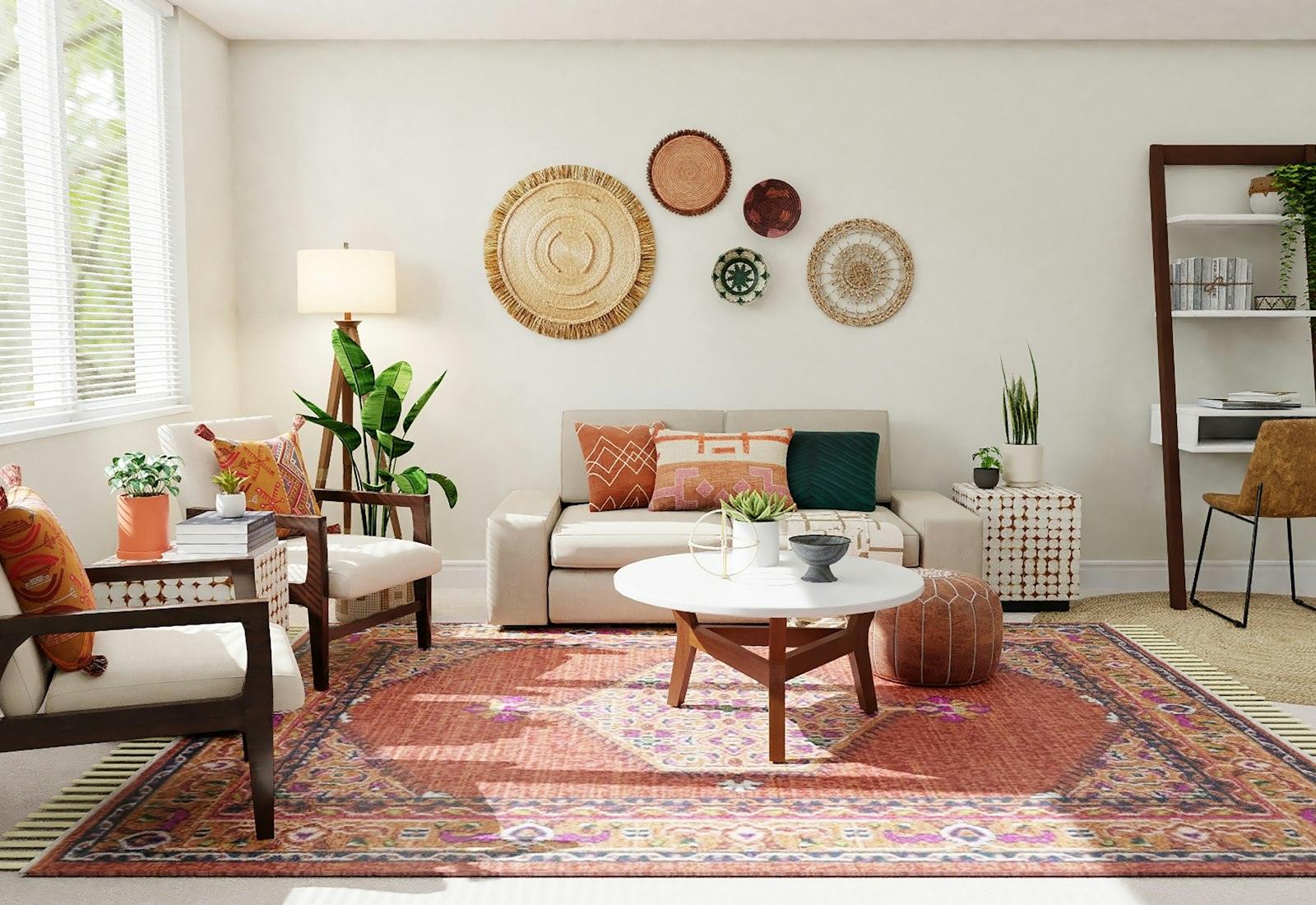 Living room with wall-to-wall carpet mostly covered by a rug